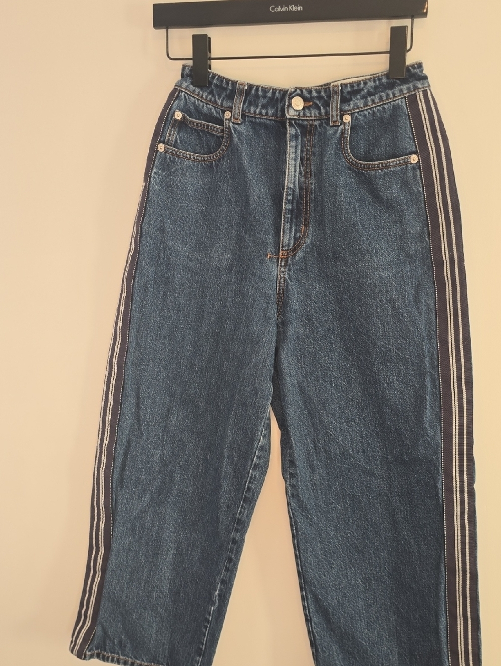 Y2k Alexander McQueen Blue Boyfriend Denim Cropped Jeans Stripe On Skde